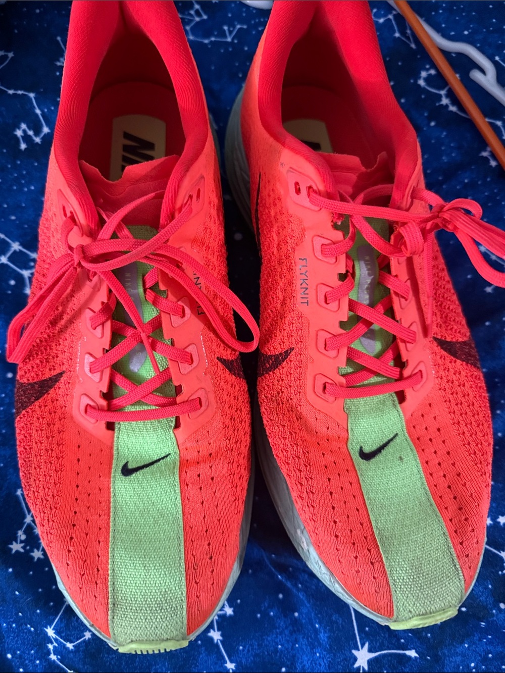 Nike Mens Flyknit Running Shoes in Neon Coral with Lime Stripe